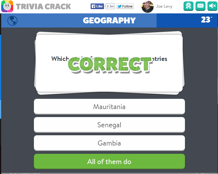 Playing Trivia Crack, selecting the correct answer